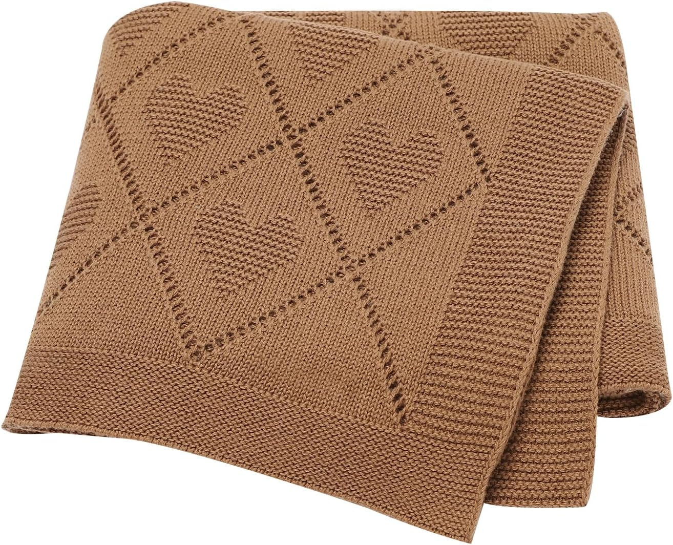 Hadetoto 100% Cotton Baby Blanket Knit Soft Cozy Swaddle Receiving Blankets Toddler Infant Blanket with Lovely Elephant for Newborn Boy Girls - Camel, 90 X 70Cm