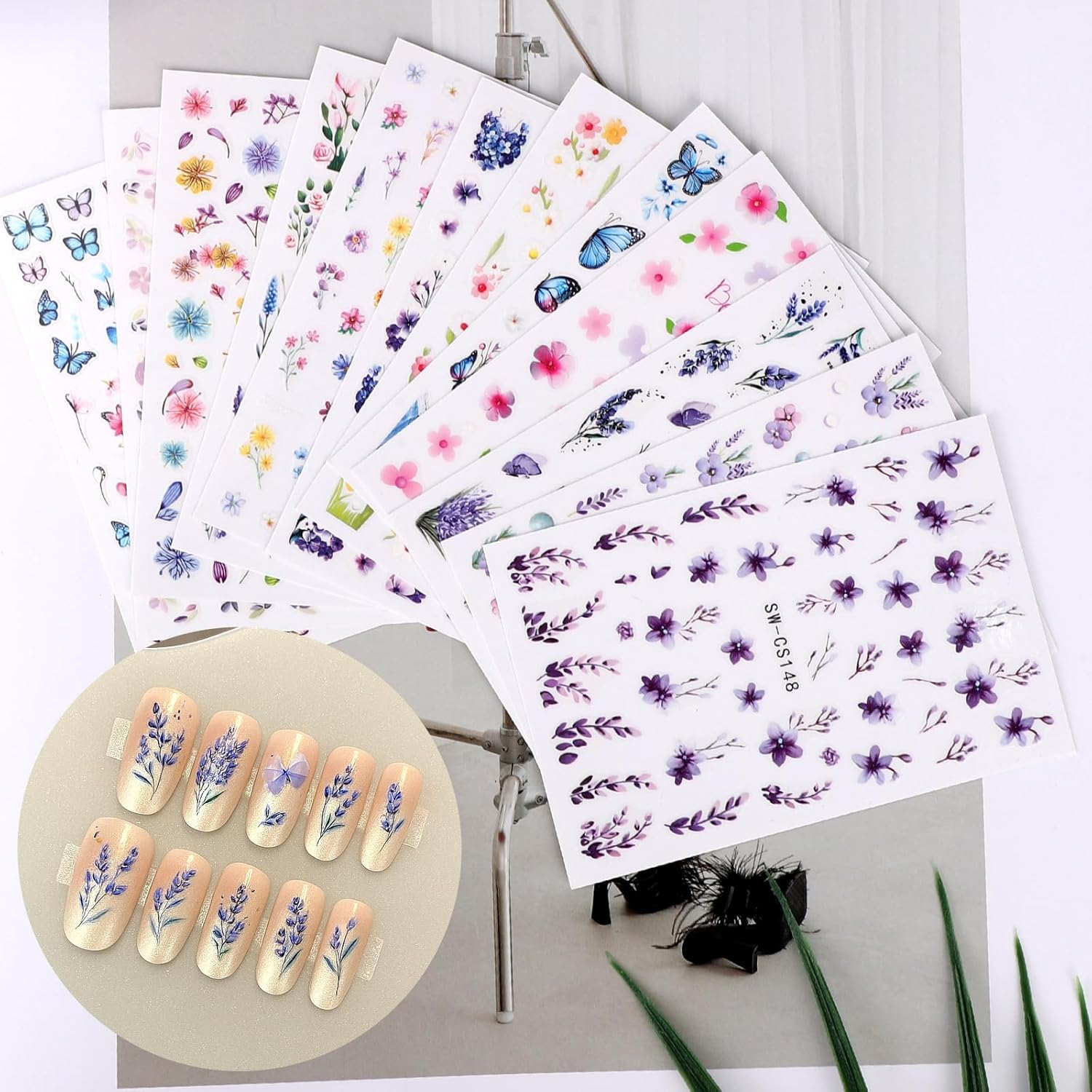 12 Sheets Flower Nail Stickers, 3D Self-Adhesive Flower and Leaf Plant Nail Decals Spring Summer DIY Manicure Decorations for Women Girls image number 6