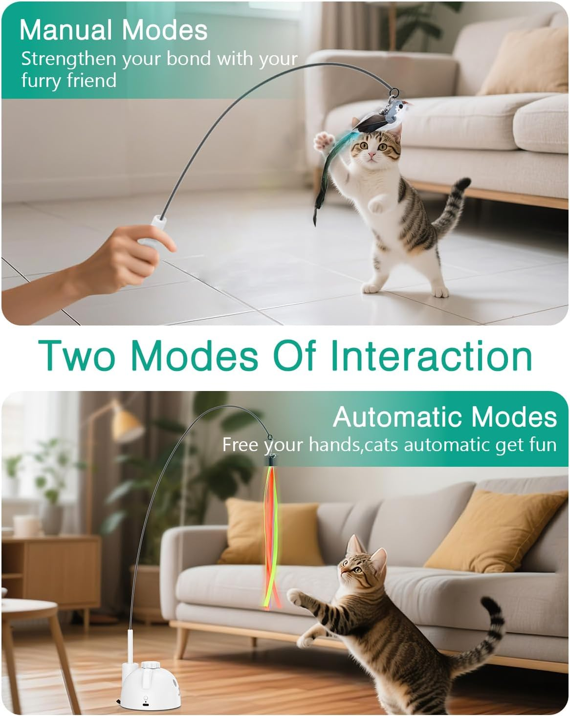 ORIA Interactive Cat Toys, Automatic Cat Toy, Irregular Rotation Teaser Wand with Reusable Sticker Base for Indoor Kitten, Cats - White image number 2