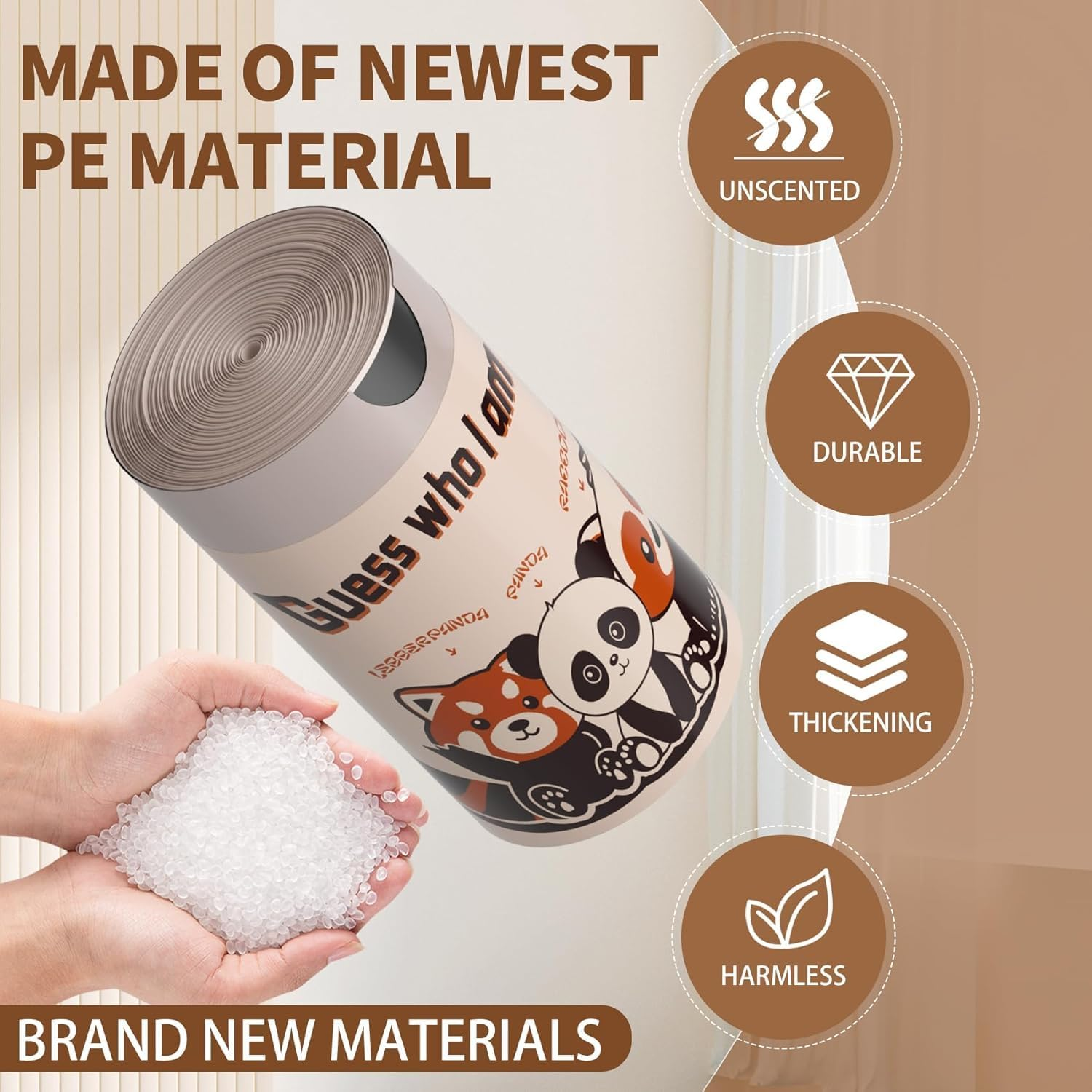 30-Pack 4 Gallon (15L) Panda Print Bin Liners | Colourful Drawstring Garbage Bags | Tear-Resistant & Leak-Proof | Small Trash Bags for Bathroom, Office & Bedroom (45X50Cm) image number 2