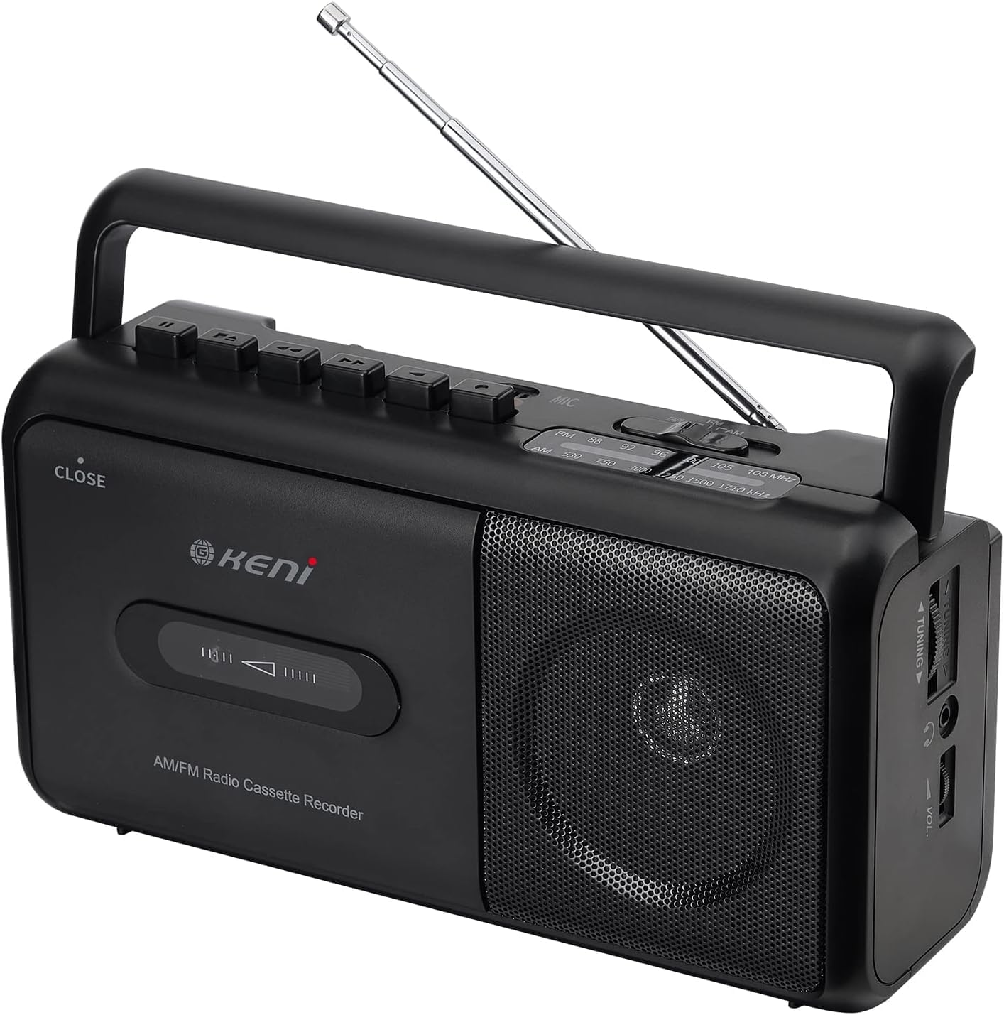G Keni Portable Cassette Player Boombox with AM/FM Radio Stereo, Cassette Recorder, Headphone Jack, Battery or Mains Power, Black, Stereo Output, Auxiliary Connectivity