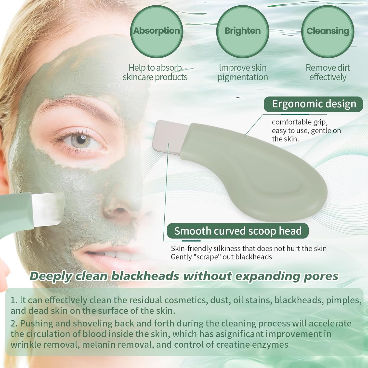 Blackhead Remover Tools Deep Clean Master Pore Face Scraper Facial Tools with Silicone Lid Face Pimple Scraper Can Be Used with Mud Cream & Cleansing Oil Sebum Remover Tool Suitable for Unisex (Green) - Skin image number 2