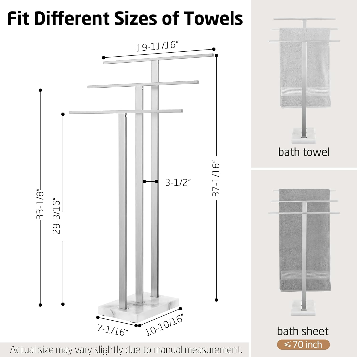 KES Standing Towel Rack 3-Tier with Heavy Marble Base, Free Standing Towel Racks for Bathroom Floor, SUS304 Stainless Steel Brushed Finish, BTH217S3-2 image number 2