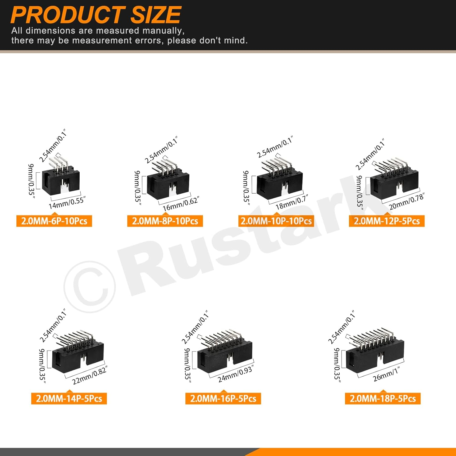 Rustark 50Pcs 2.54MM 6-18Pin Right Angle Male Socket Box Header Connector Assortment Kit Double Row Cable Male Socket SMT Terminal for PCB Electronic Equipment Projects