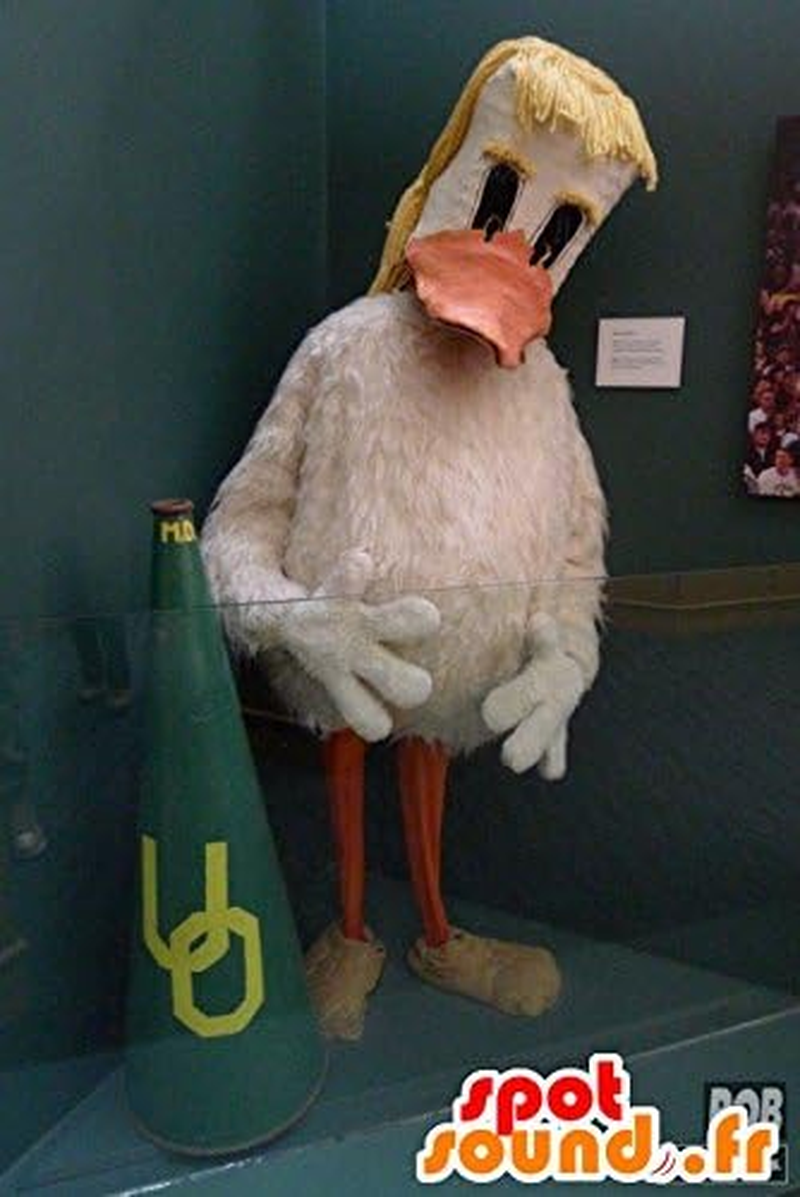 Spotsound Amazon Mascot of White and Orange Duck, with Yellow Hair