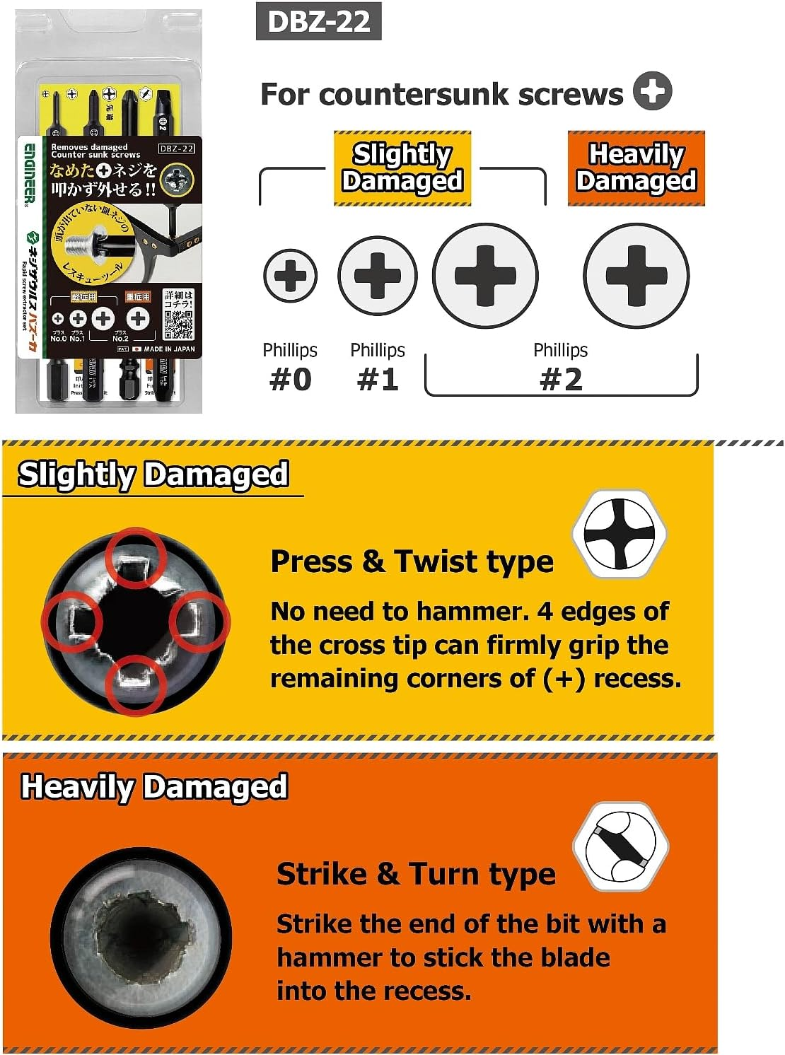 Rapid Screw Extractor/Remover Kit for Damaged Phillips Screws. ENGINEER DZ-76 image number 1