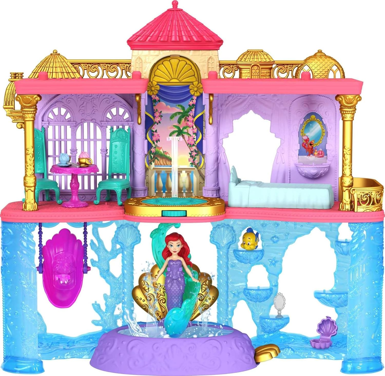 Mattel Disney Princess Doll & Playset, Ariel Land & Sea Castle, Stackable Doll House with Small Doll, Friend, 12 Accessories & Pool image number 3