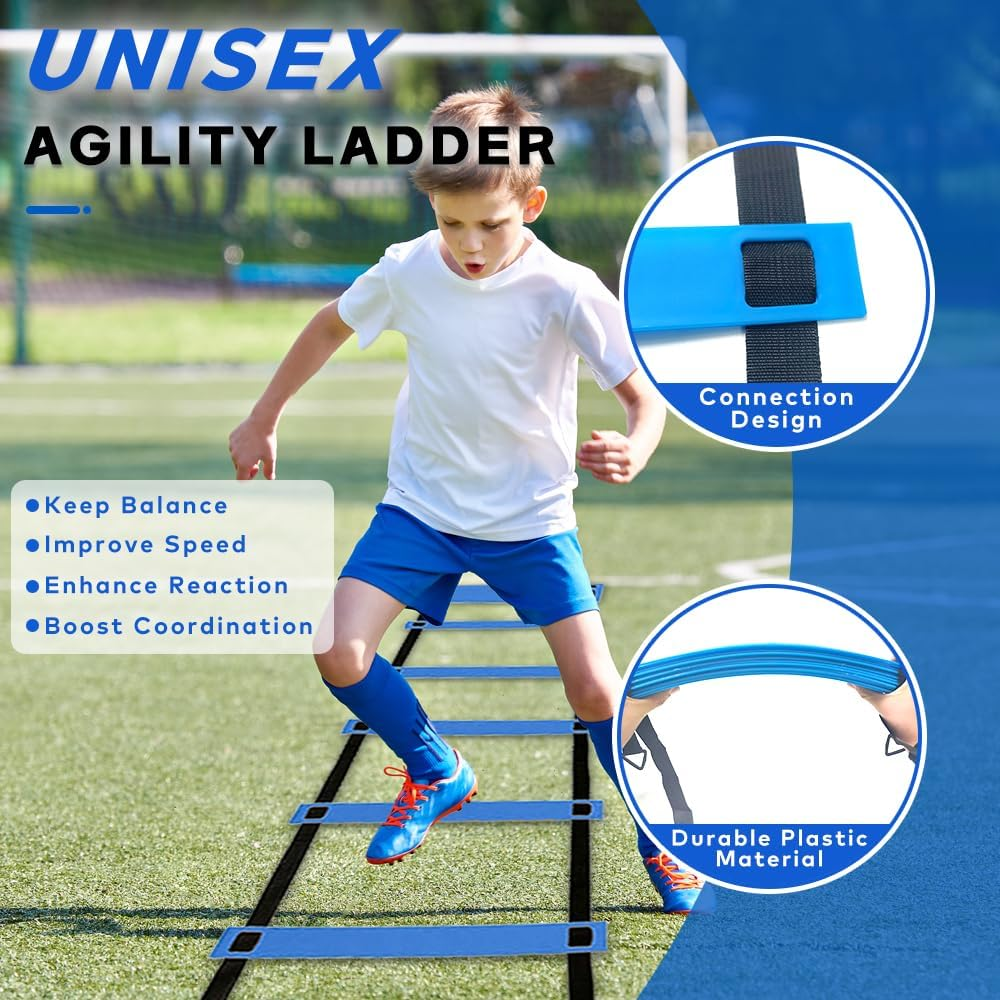 30PCS Agility Training Equipment Kit, Football Training Equipment, Speed Training Set for Kid Youth Adults,6M Agility Ladder,4 Hurdles,12 Soccer Cones,Resistance Parachute,Ball Net(Blue) image number 6