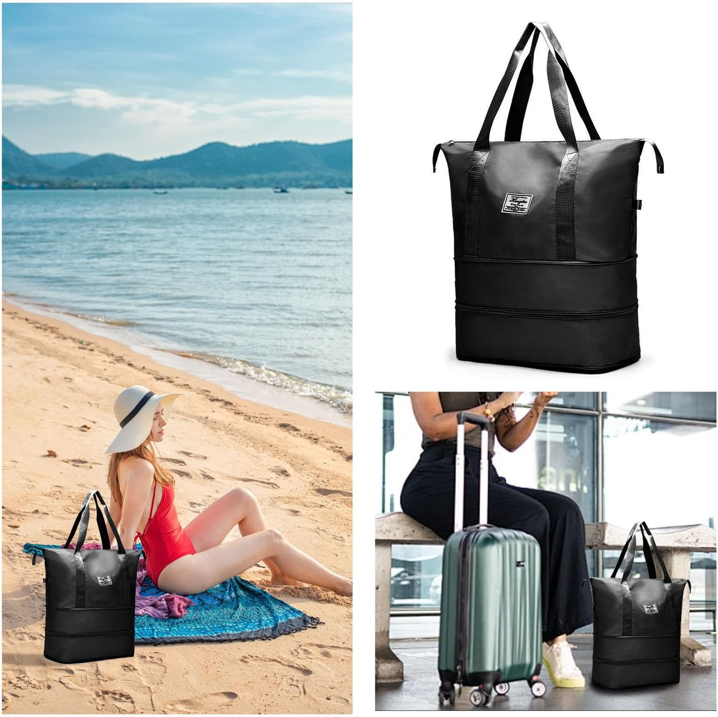 WUBAYI Travel Bag,Expandable Bilayer Overnight Bag Large Capacity Weekend Bag Dry & Wet Seperated Travel Bags for Women Foldie Travel Bag with Trolley Sleeve Duffel Bags for Women & Men, Black, L - 001 Pink image number 2