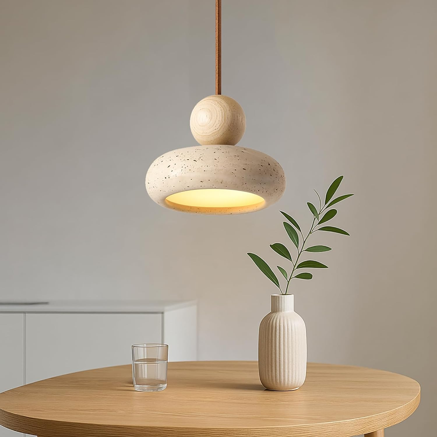 Natural Yellow Travertine Pendant Light, Style LED Ceiling Lamp 3000K for Bedroom, Kitchen Island, Dining Room, Interior Lighting Fixture (A,20Cm)