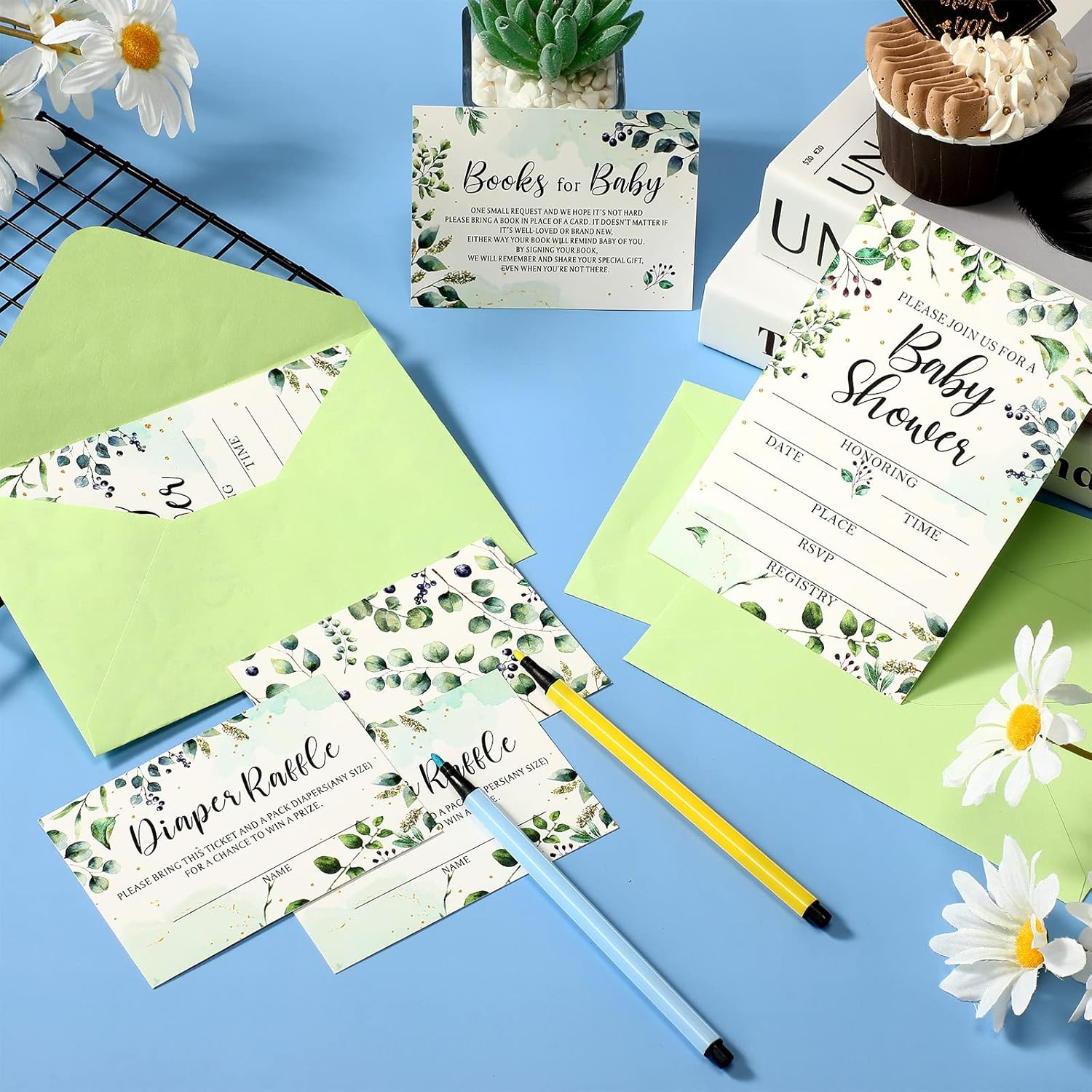 Leinuosen 25 Sets Greenery Baby Shower Invitations, Diaper Raffle Tickets, Baby Shower Book Request Cards with Envelopes for Baby Shower, Engagement and Birthday Party Decorations image number 5