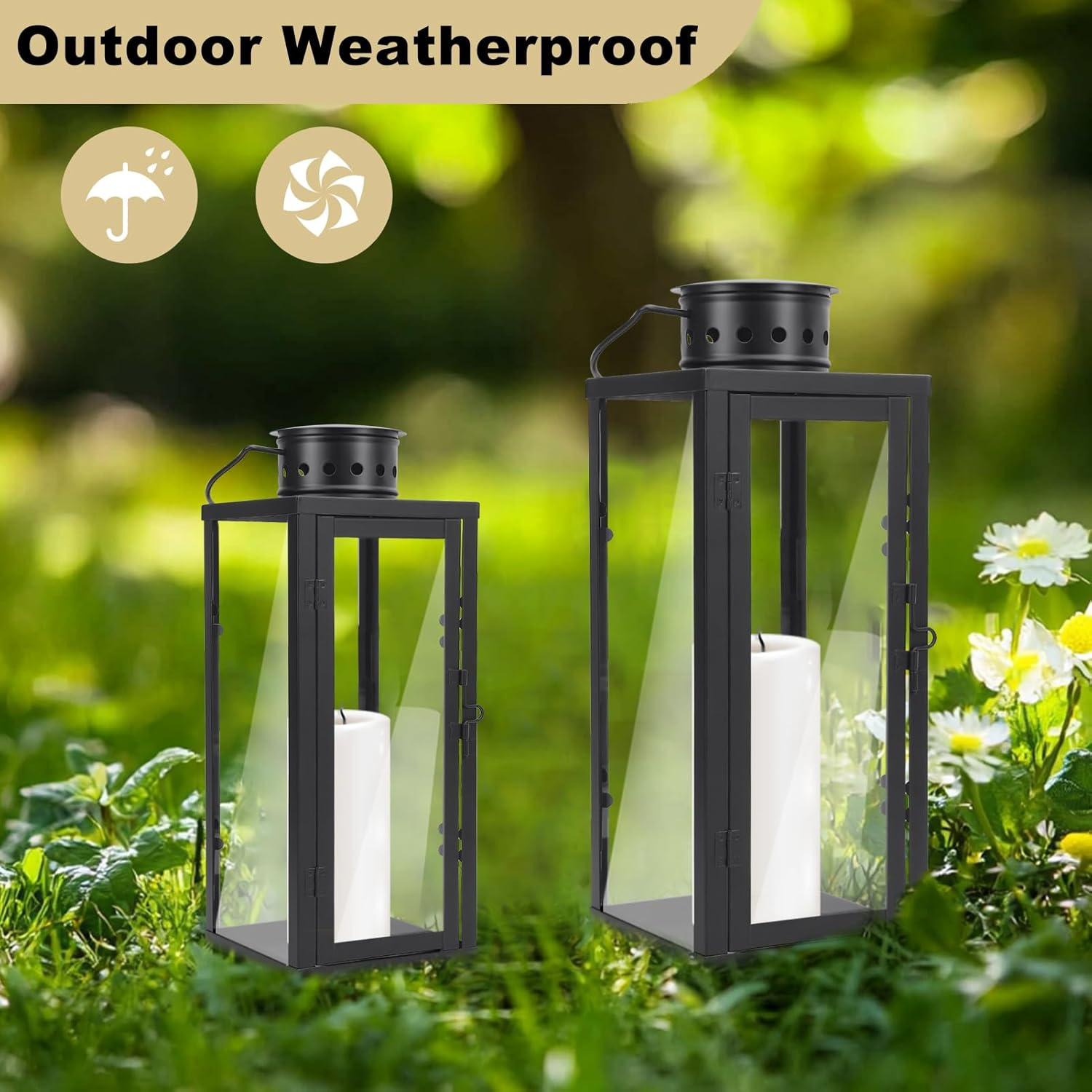 Black Metal Lantern Decorative Set, Modern Farmhouse Lantern Decor with Hurricane Glass, Set of 2 13.8" & 9.5" Vintage Hanging Tower Lantern Metal Candle Holder (13.5 * 13.5 * 35CM+10 * 10 * 24CM) image number 6
