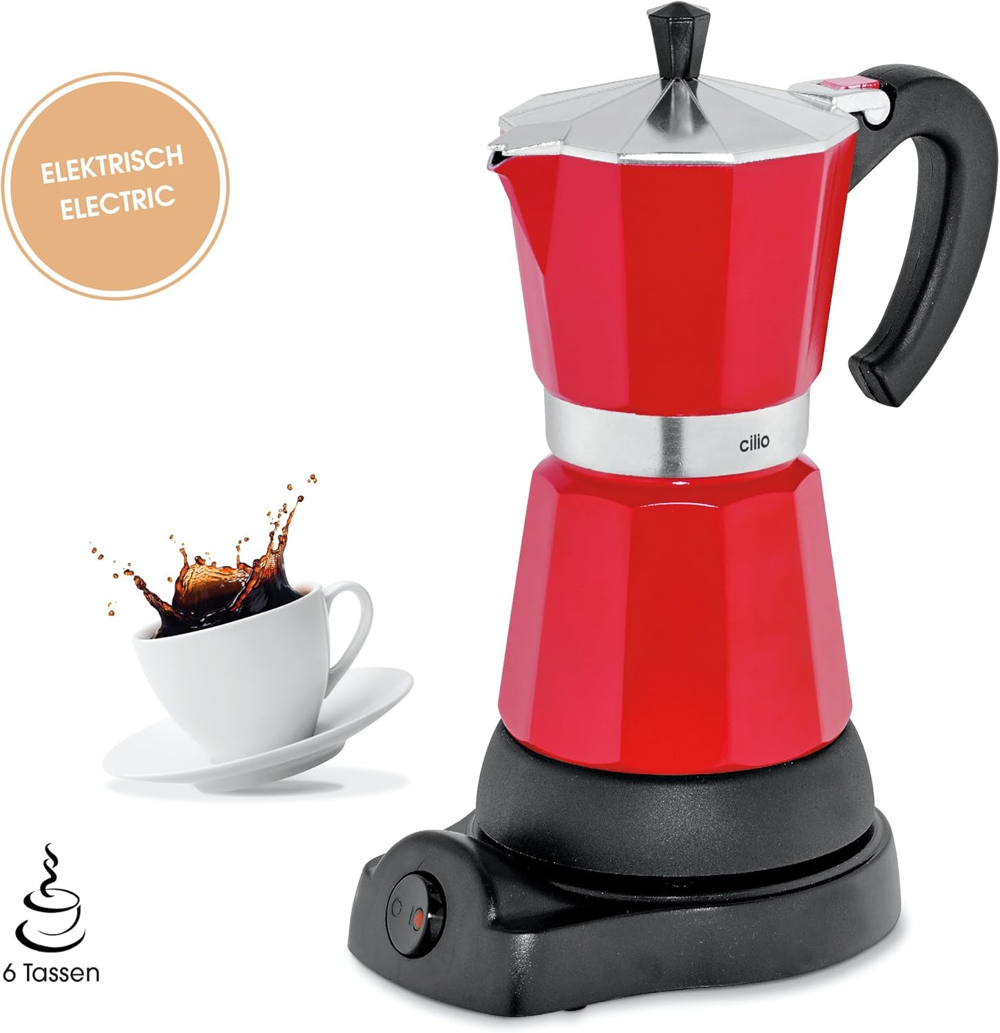 Cilio Classico Aluminium Electric Espresso Maker, 6 Cup Size, Red/Black image number 3