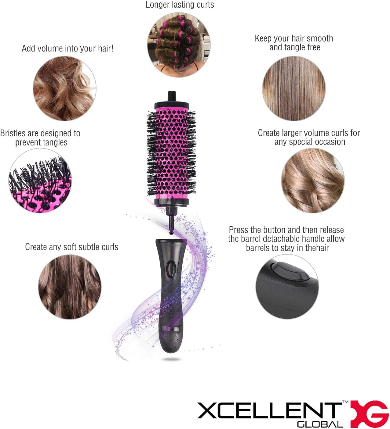 Round Hair Brush Set with Detachable Barrels Styling Tool, 6 Barrels 1 Handle 6 Clips, Small Medium Large