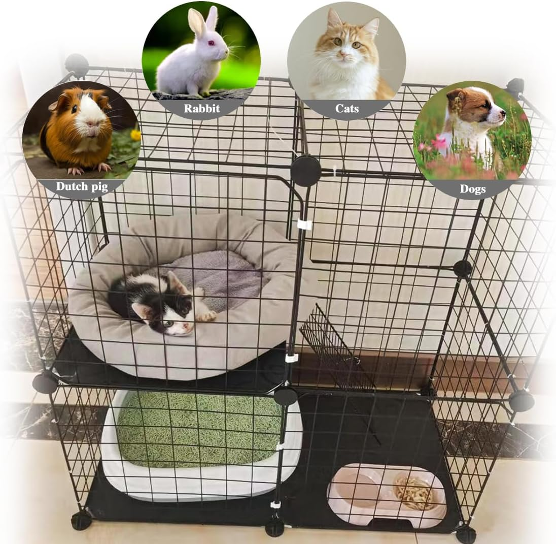 Ricjurzzty Cat Cage Indoor DIY Pet Playpen Detachable Metal Small Animal Cage Wire Ferret Cage Indoor Cat Kennels for Kitten Puppy Bunny (2 Tier)