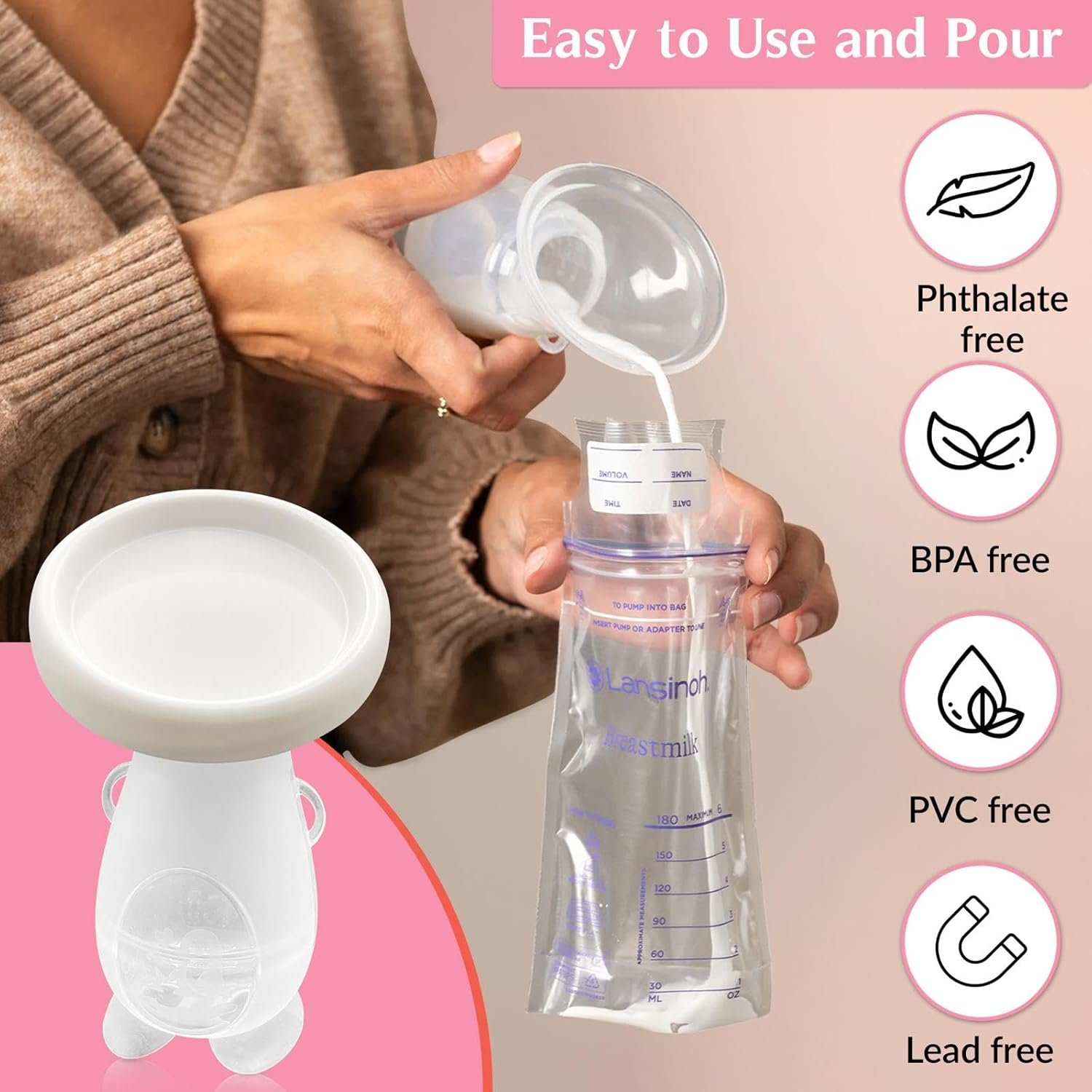 Manual Breast Pump, Silicone Hand Pump Breastfeeding with Suction Base, Includes anti Dust Cover, Lanyard and 2 Milk Storage Bags, Adjustable Neck Strap, 150Ml/5Oz Capacity, Easy to Clean and Pour image number 5