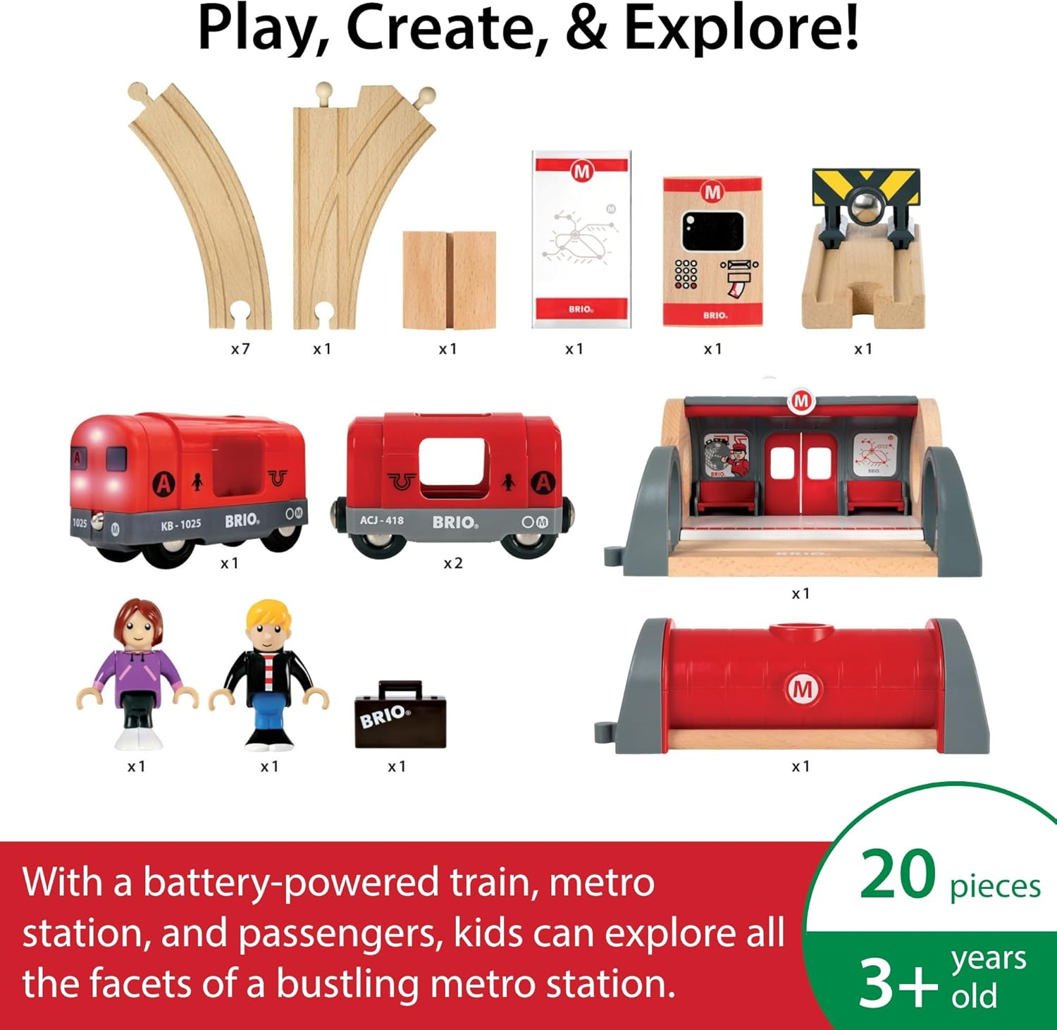 BRIO World 33513 Metro Railway Train Set - 20-Piece Wooden Set with Light & Sound, Tunnel, & Figures for Kids Ages 3+ image number 4