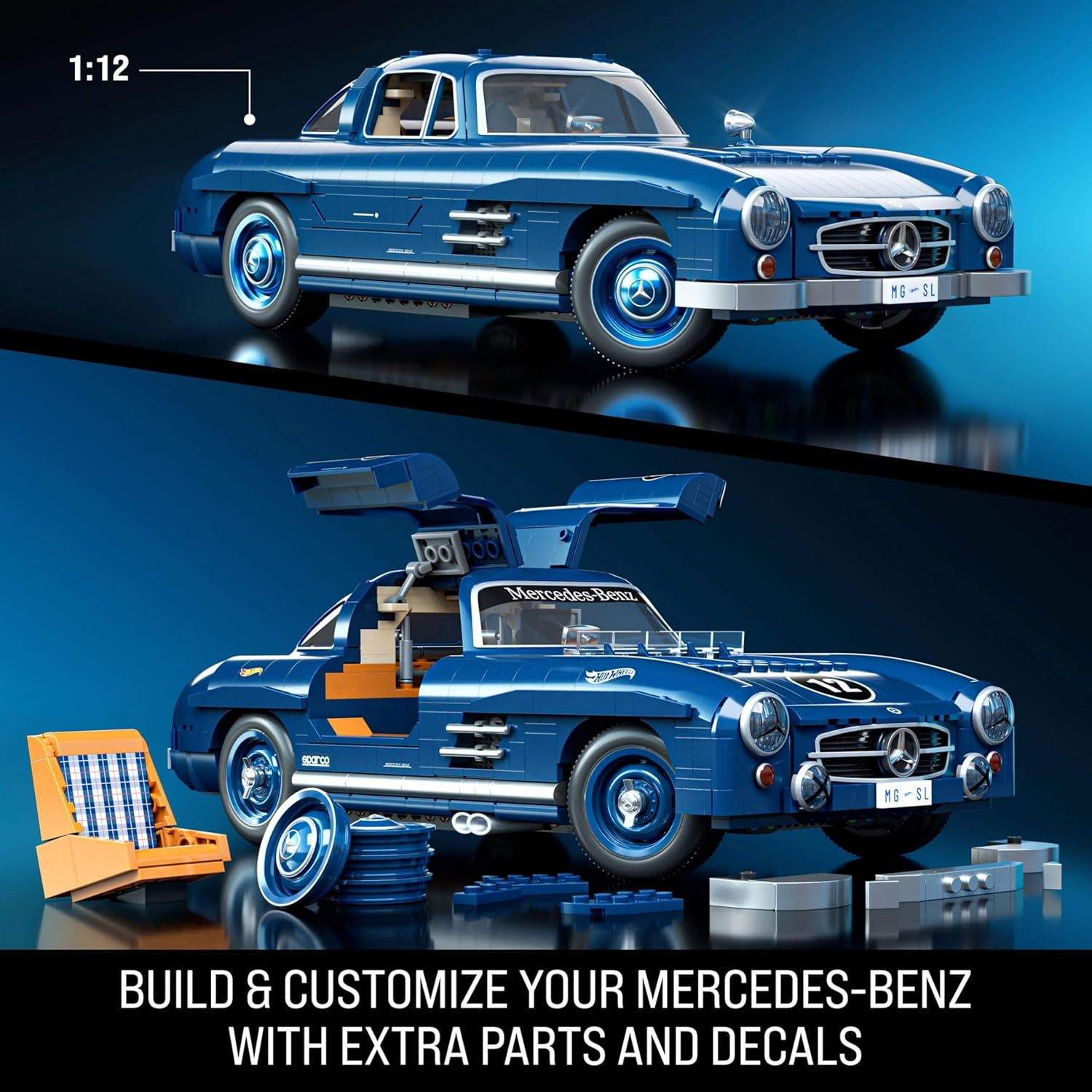 Mattel Brick Shop Hot Wheels Premium Series Building Set, Mercedes-Benz 300 SL with 1600 Pieces, Realistic Details and Metal Parts, Adult Collectors image number 4