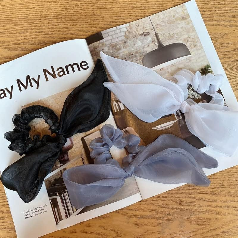 Qingoo Organza Rabbit Ears Elastic Hair Band Ponytail Holder Suitable for Everyday Use Travel Party (White)