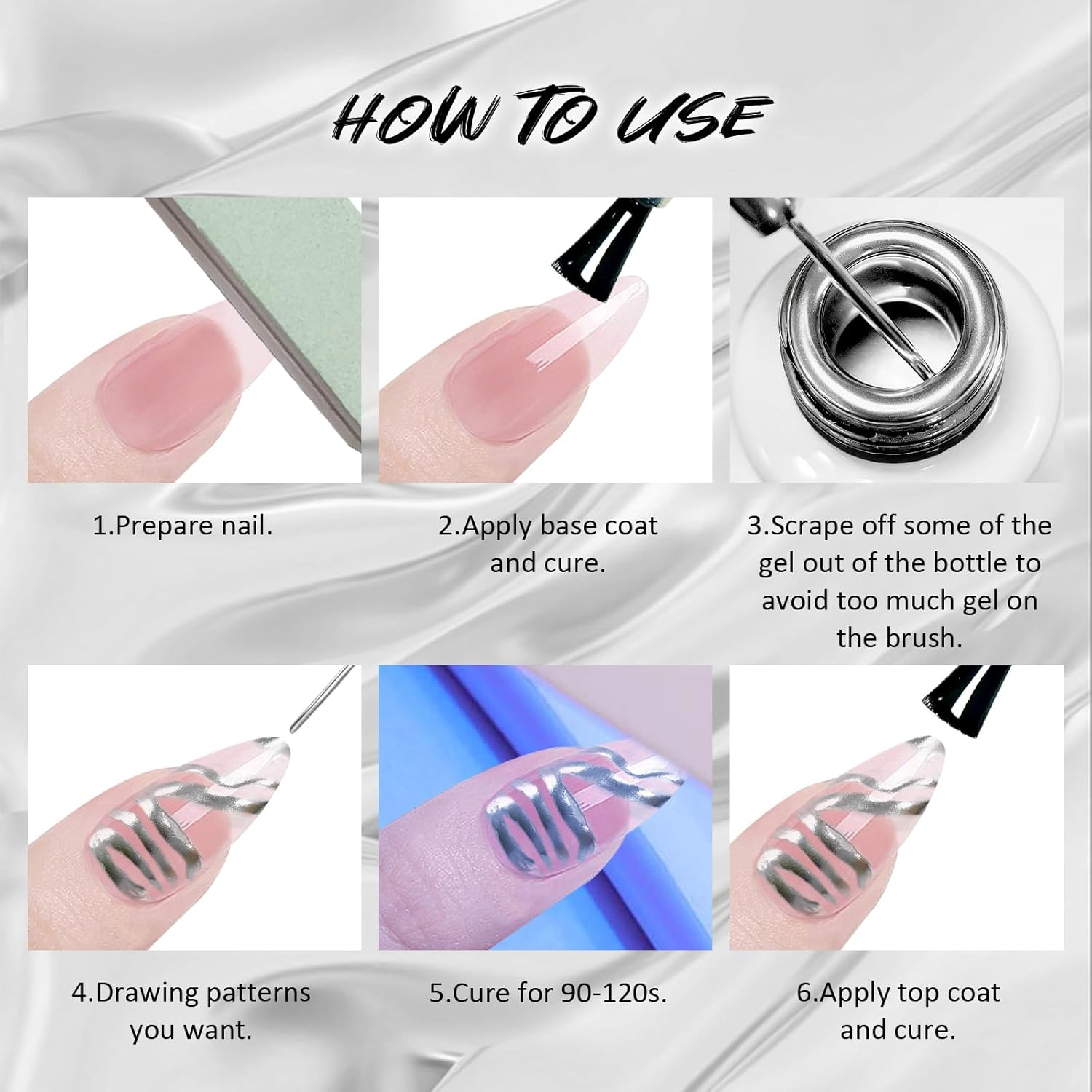 U-Shinein Metallic Mirror Painting Gel Nail Polish, Ultra Mirror Silver & Gold Metal Painted Drawing Gel with Build in Thin Brush, Chrome Gel Polish Nail Art Gel Liner Soak off DIY Nail Art 2X12 Ml - Mirror Silver + Rose Pink image number 7