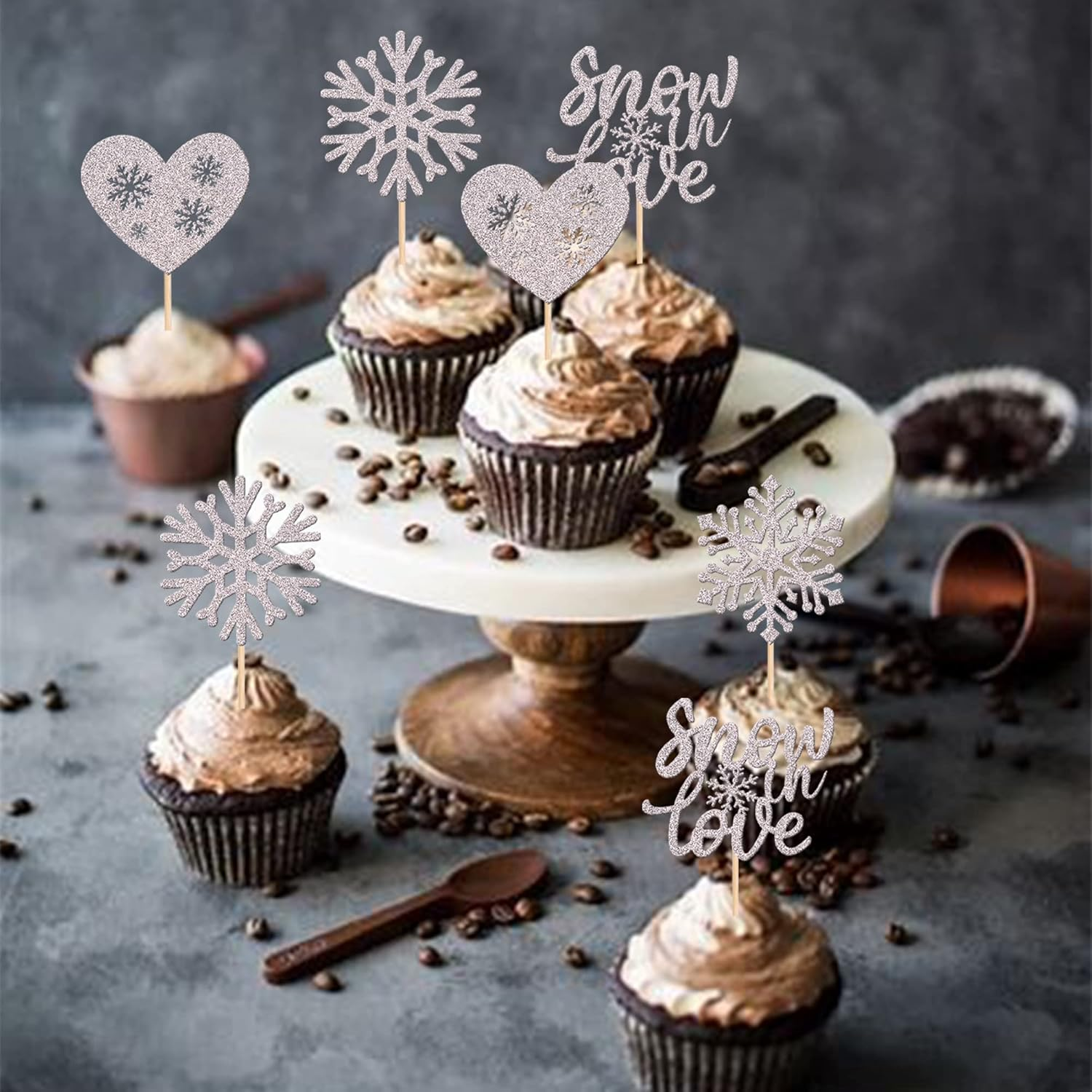 24 Pack Snow in Love Cupcake Toppers Glitter Snowflake Heart Valentine'S Day Theme Cupcake Picks for Bridal Shower Kids Birthday Christmas Party Decorations Supplies Silver image number 6