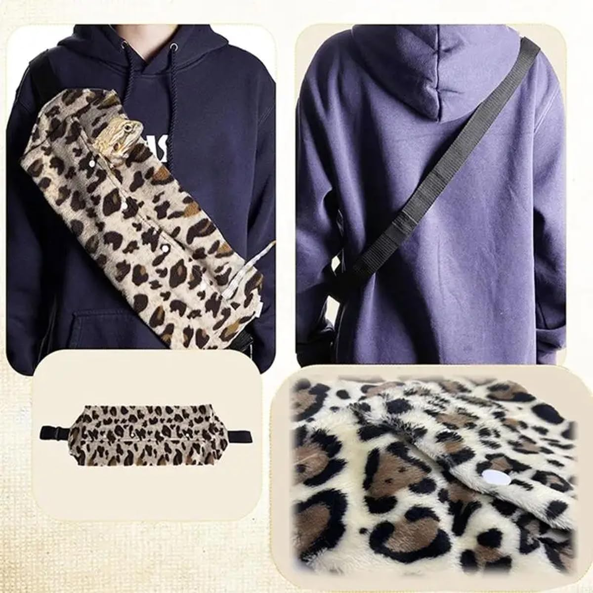 AIMALL Leopard Print Soft Plush Reptile Travel Bag for Lizard Chameleon Guinea Pig Small Animal Carrier with Adjustable Strap, Outing Shoulder Pouch 55.5&times;21Cm image number 5