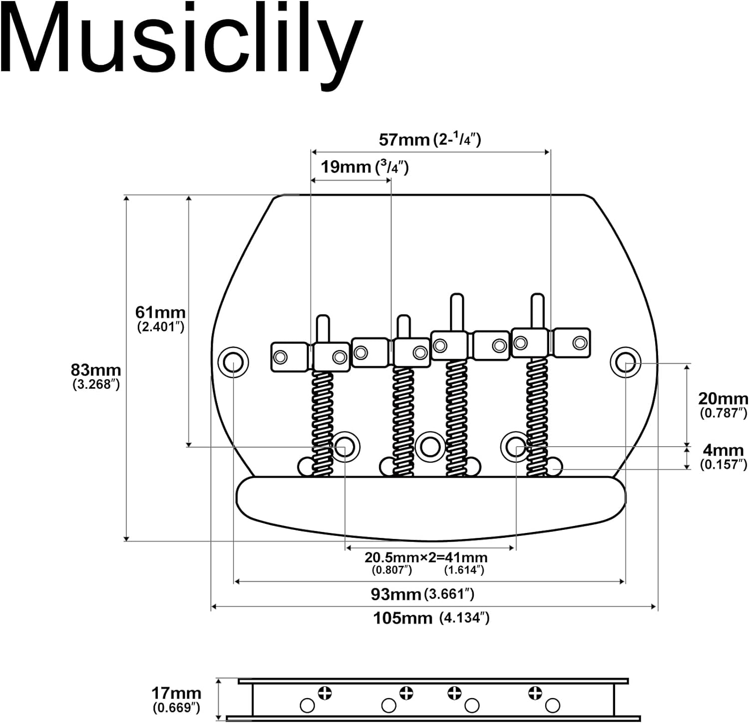 Musiclily Pro 57Mm(2-1/4 Inch) Dual Load 4-String Bass Bridge for Music Man Style Bass, Chrome - Gold image number 2