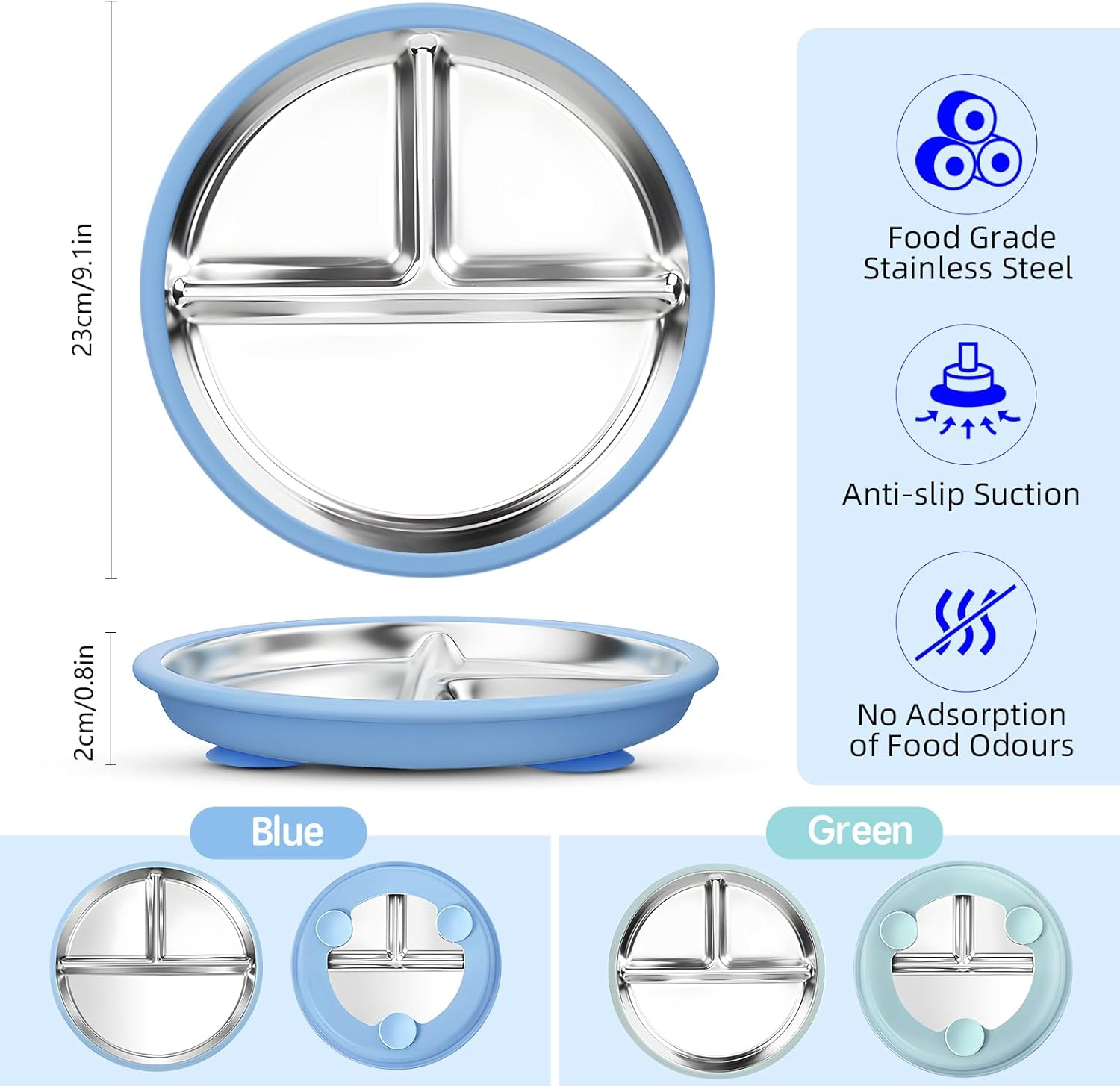 ZCOINS 2 Pack 9" Stainless Steel Plates with Suction, Divided Suction Stainless Steel Plates with Removable Silicone Base, 3 Compartments, Non-Slip Metal Dinner Dishes with Dividers image number 1
