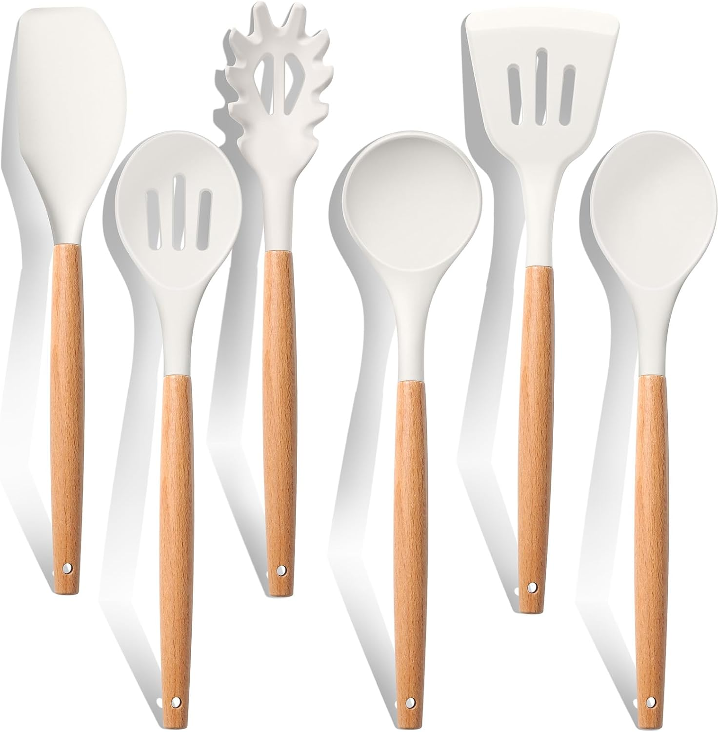 E-Far White Cooking Utensils Set of 6, Silicone Kitchen Utensils with Wooden Handle, Non-Stick Cookware Friendly & Heat Resistant, Includes Spatula/Ladle/Slotted Turner/Serving Spoon/Spaghetti Server image number 5