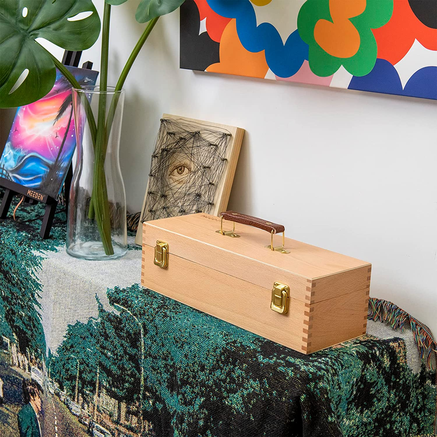 MEEDEN Medium Art Supply Storage Box - Multi-Function Solid Beech Wooden Chest/Art Tool Box with Lift Out Trays for Paint Brush, Pencil, Pastel, and More Art Supplies 14-1/5"W &times; 5-1/8"D &times; 4-1/3"H image number 1