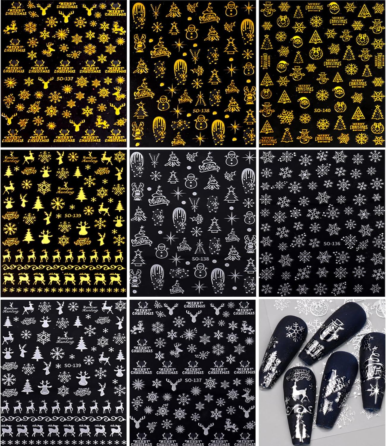 Christmas Nail Stickers, 8 Sheets, Self-Adhesive Snowflake 3D Gold Silver Snowflake Nail Stickers, Winter Nail Art Decals Design, DIY Decoration image number 6