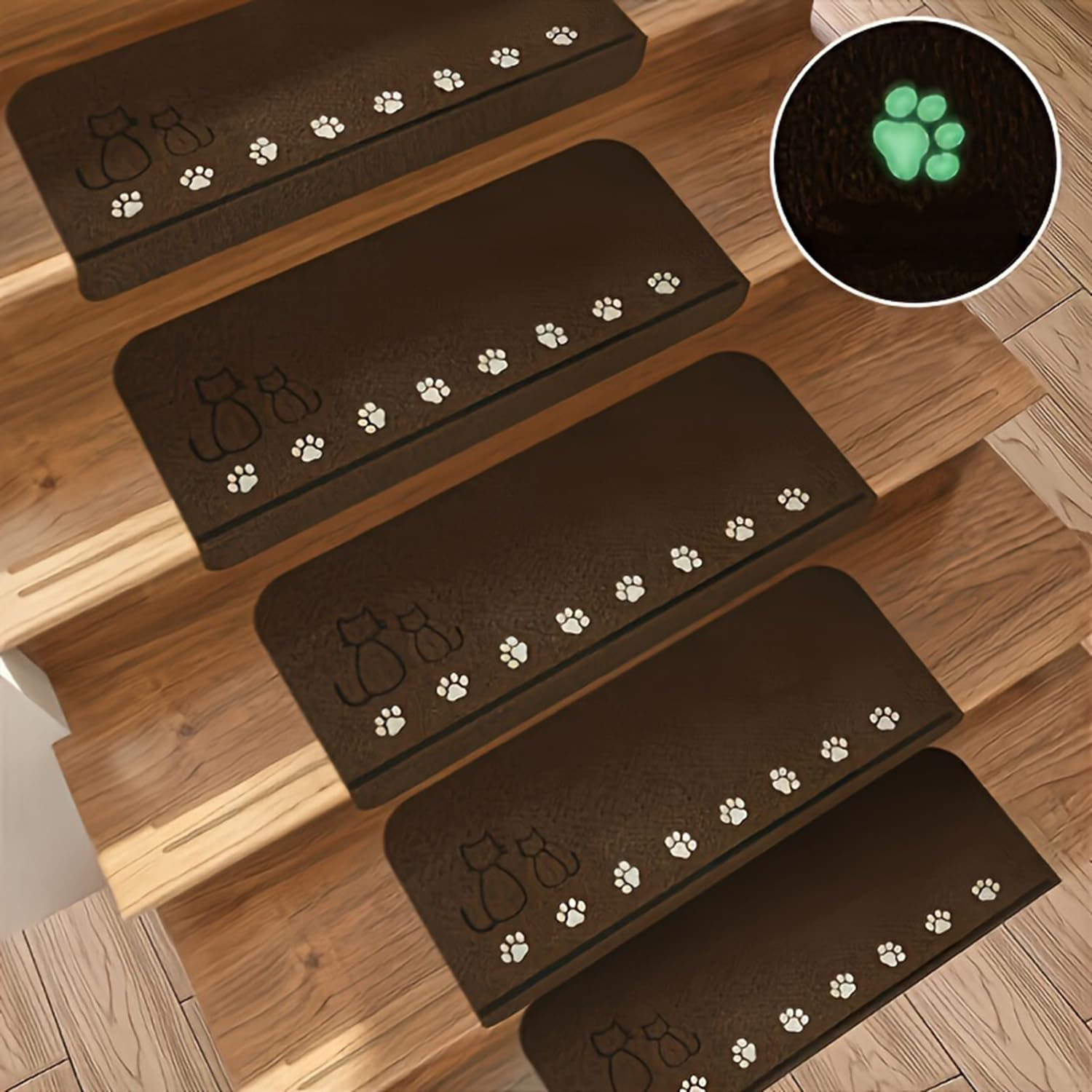 2 Pack Luminous Stair Treads Mats Anti-Slip Rugs Night Light Luminous Pads Runner Mute Home Decor Cat Staircase Carpets Protector Pattern Floor Mat Kitchen Rug for Kids and Dogs image number 3