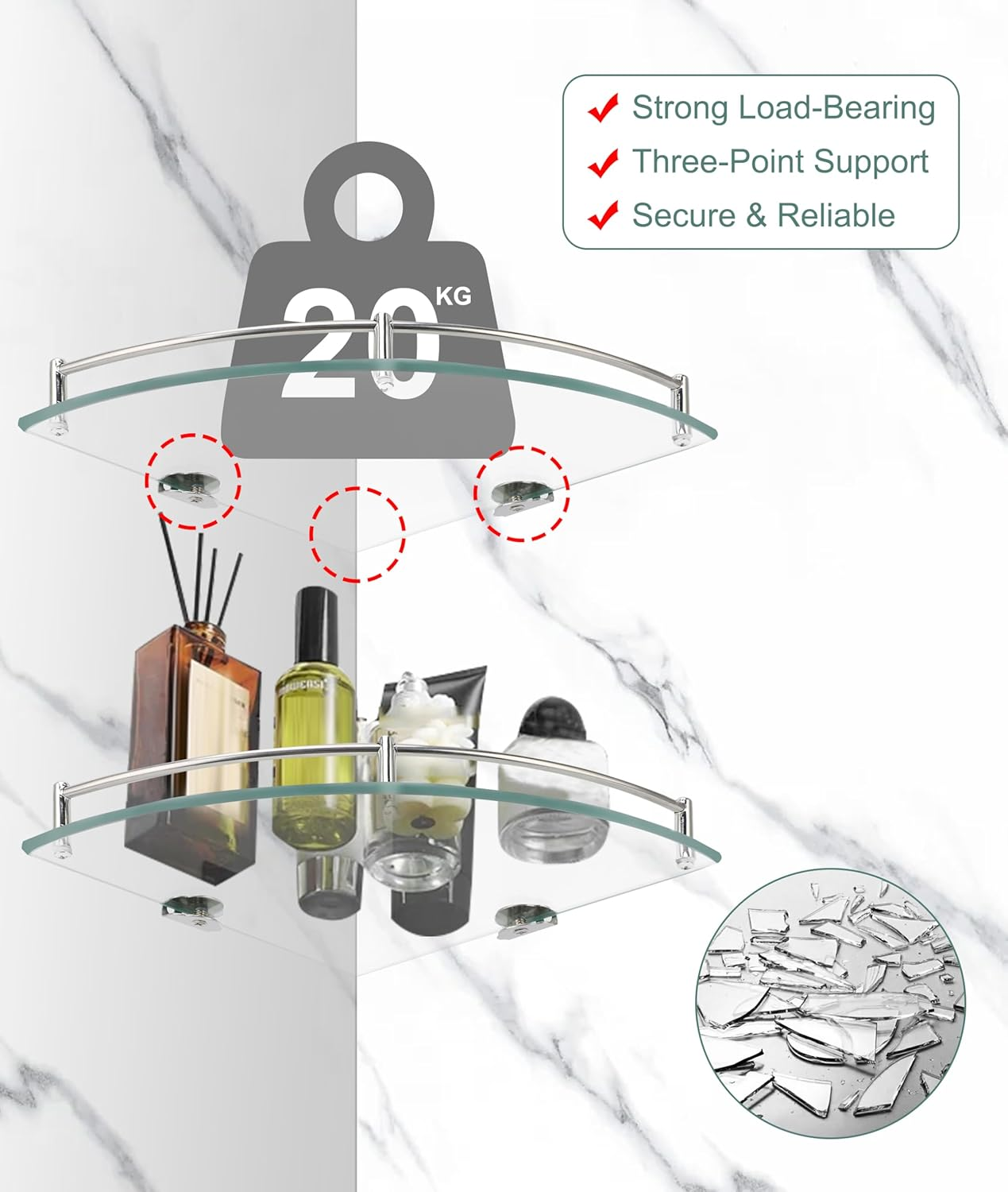 Gugxiom 2-Pack Glass Corner Shower Shelves, Glass Corner Shelf for Bathroom, Wall Mount Bathroom Shelves, SUS 304 Stainless Steel Tempered Glass Shelf with Rail, for Bathrooms and Toilets image number 6