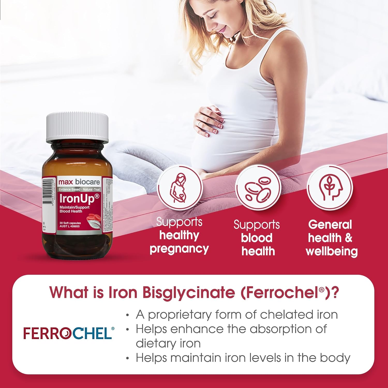 Max Biocare Ironup - Iron Supplement for Women, Supports Healthy Blood Circulation, Red Blood Cell Production & Hemoglobin, B Vitamins & Folate for Pregnancy, 30 Capsules image number 2