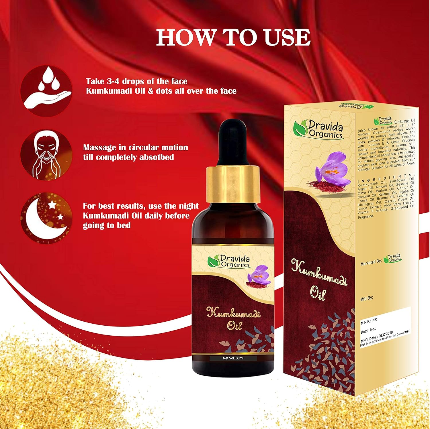 Dravida Organics Kumkumadi Oil Enriched with Gold Dust for for Glowing, Spotless, Anti-Ageing & Radiant Skin - 30Ml image number 1