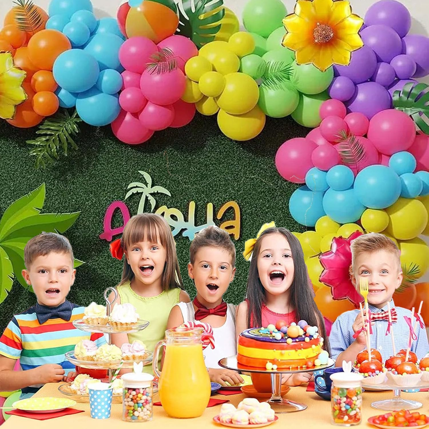 146Pcs Tropical Neon Balloon Arch, Summer Colorful Rainbow Pool Party Balloon for Hawaiian Beach Tropical Luau Pool Theme Birthday Party Decorations Flower Rainbow - Black image number 7