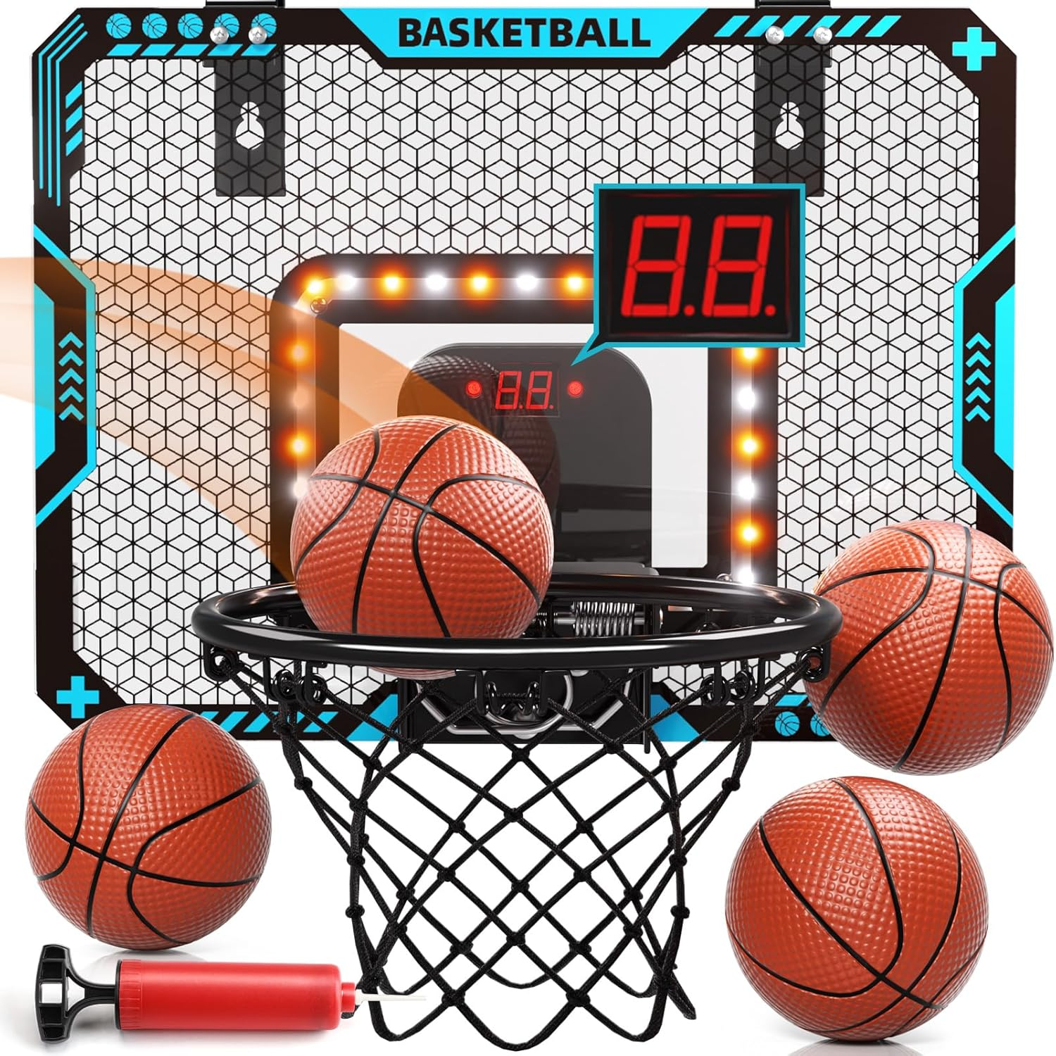 Uregoio Indoor Mini Basketball Hoop for Boys Kids Aged 5 6 7 8 9 10 11 12+, over the Door Basketball Hoops with LED Lighting, Electronic Scoreboard, and 4 Balls, Sport Toys Birthday Gift