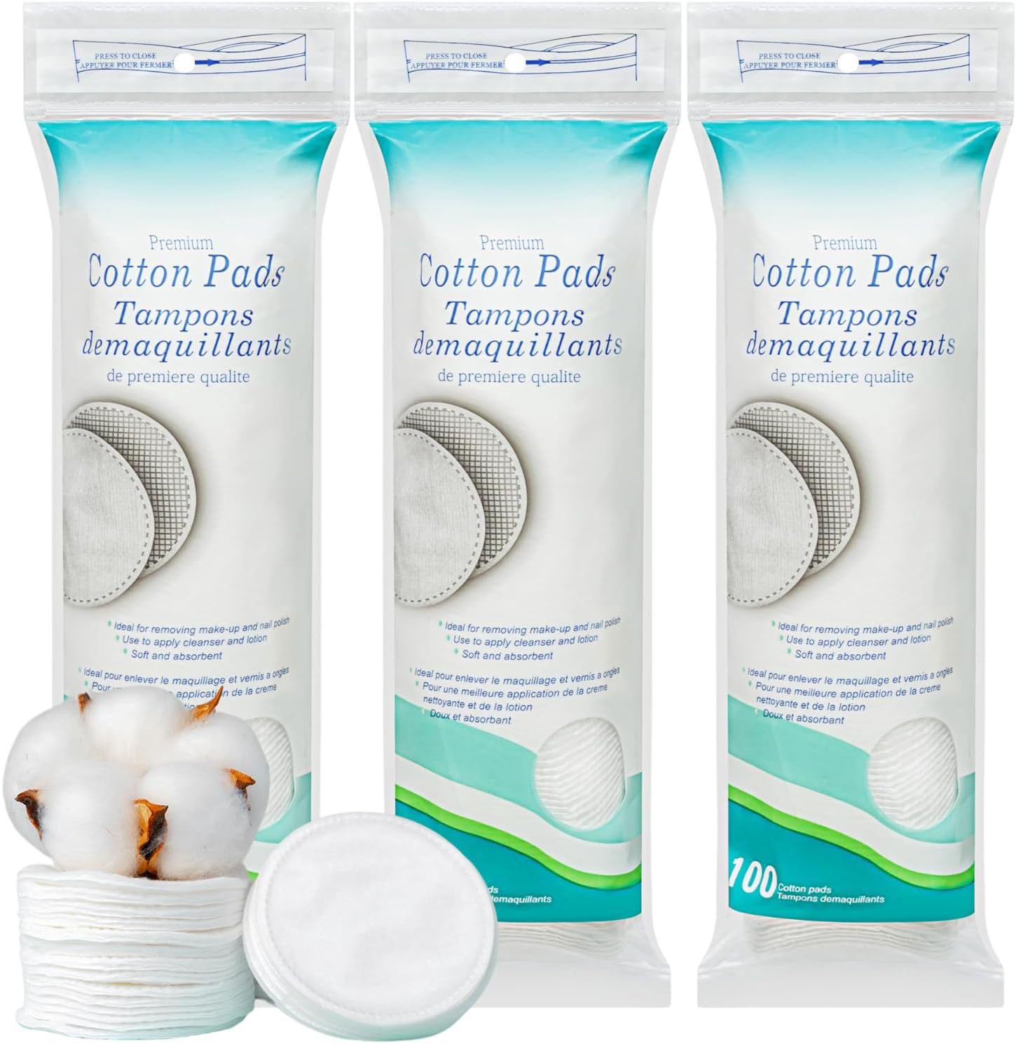 3 PACK Premium Cotton Rounds for Face, 300 Count Makeup Remover Pads, JOMWEN Lint-Free | 100% Pure Cotton Pads for Face Cleansing, Applying Facial Toner & Nail Polish image number 3