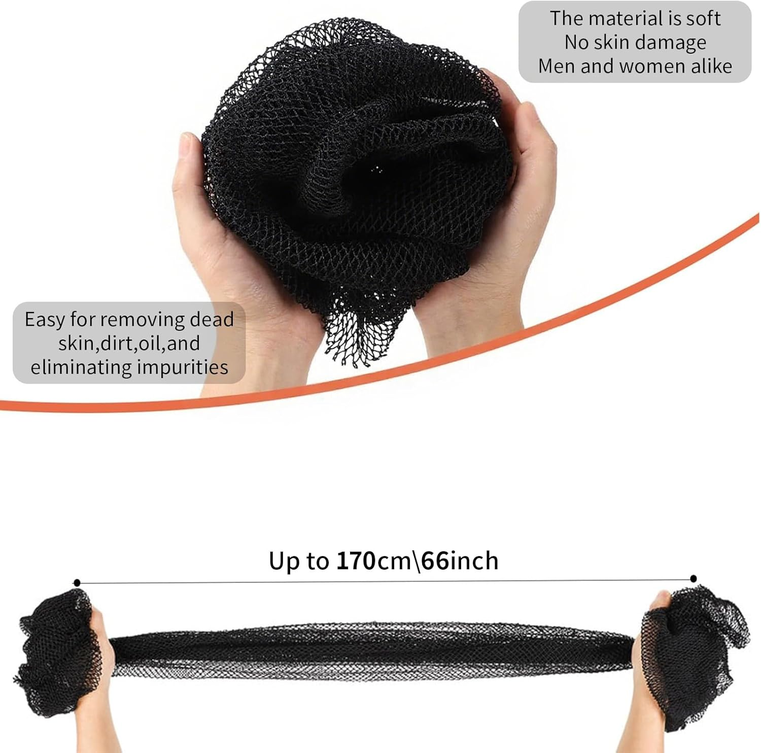 African Net Sponge Authentic, African Exfoliating Net Sponge, Long Net Bath Sponge Rag, Bathing Body Exfoliating, Shower Body Back Scrubber Skin Smoother, Stretch Length to 120 CM (Black) image number 2