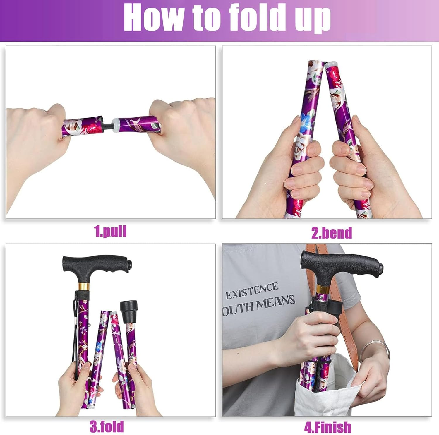 Foldable Walking Cane for Seniors,Walking Sticks for Women Folding Walking Sticks Adjustable Walking Stick， Pocket Cane Lightweight Adjustable Heavy Duty Folding Walking Stick image number 3