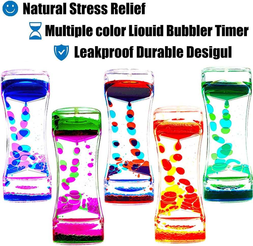 FKYTION Liquid Motion Bubbler Timer Pack of 5 Colorful Hourglass Liquid Bubbler ADHD Fidget Toy Sensory Toy Anxiety Toys Autism Toys Children Activity Calm Relaxing for Kids Teenager Adults image number 3
