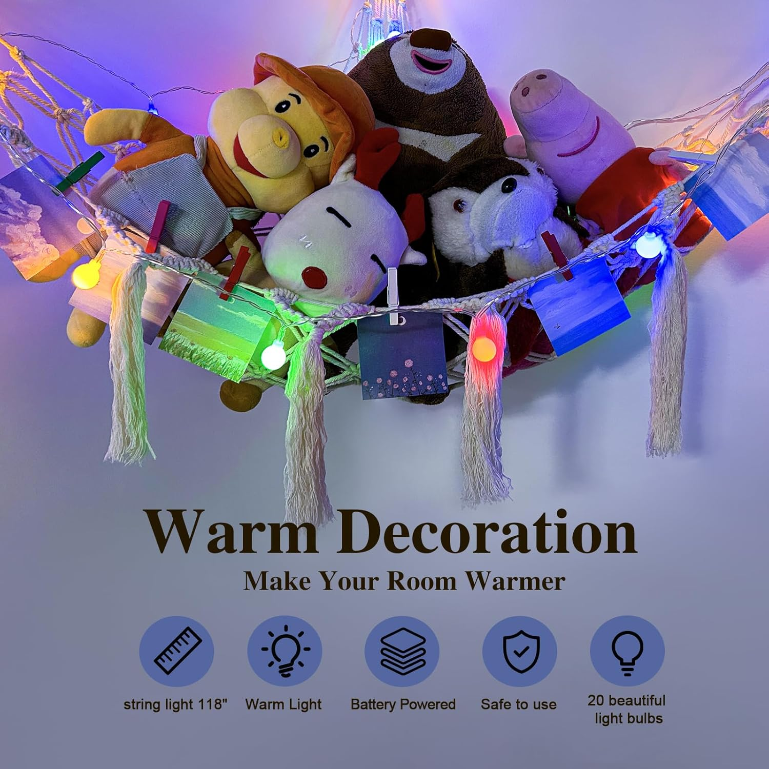 Stuffed Animal Storage.Funcyboo Stuffed Animal Net with LED Light-Large Suitable for Bedroom.Stuffed Animal Net or Hammock image number 3