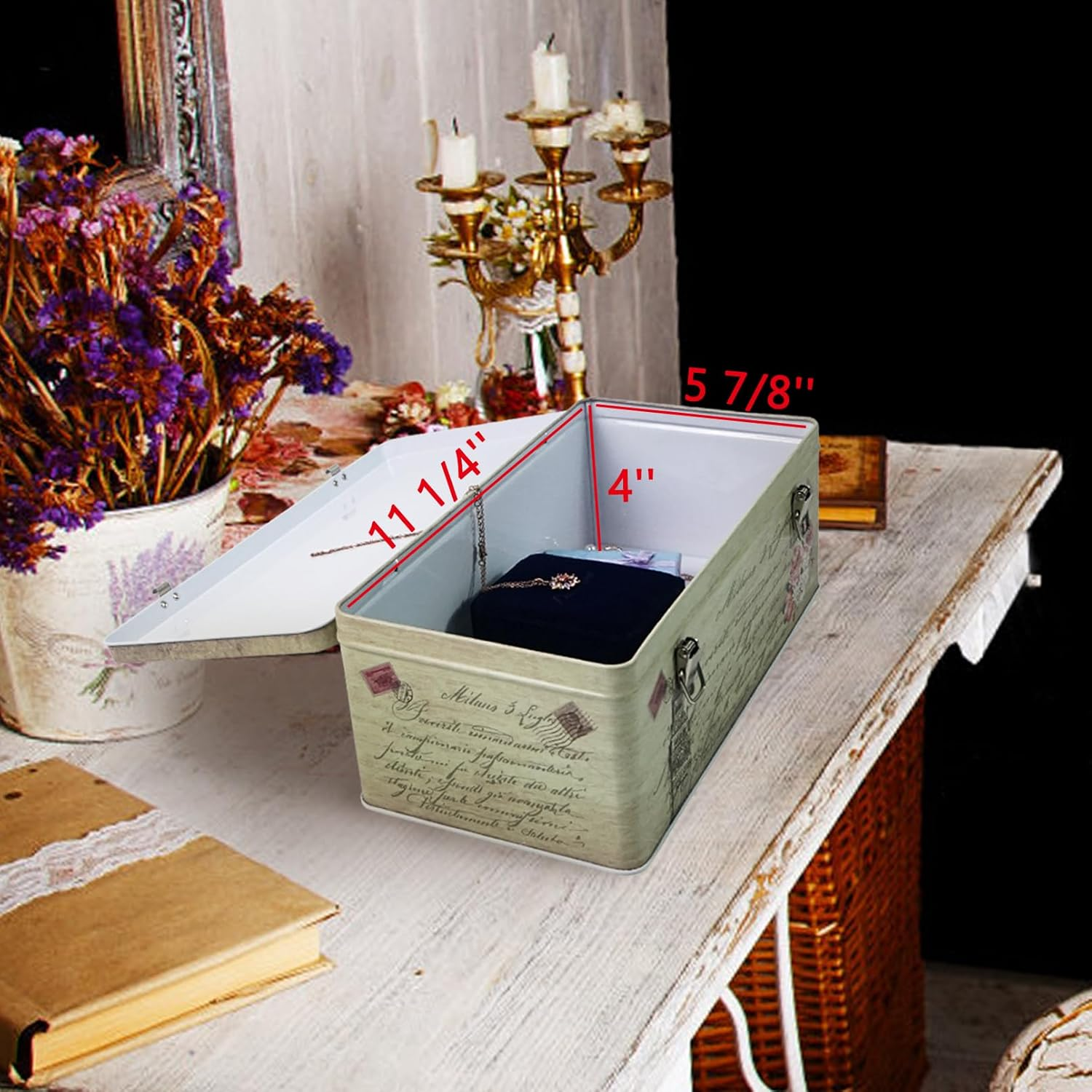 Dreamseden Tin Storage Box Set of 3 - Small Keepsake Box with Lid, 11.5L X 6W X 4.375H In, Vintage Decorative Memory Case Gift Boxes for Keepsakes Letter Photos Seed Tea Coffee image number 3