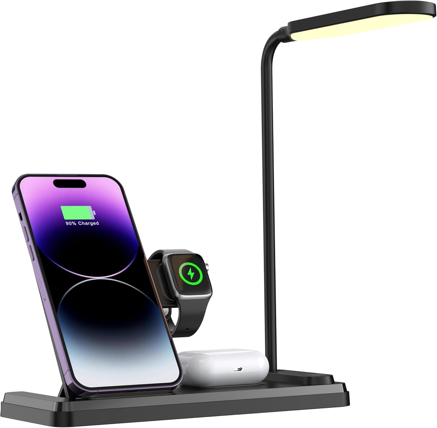 4-In-1 Wireless Charging Station & LED Desk Lamp, 10 W Fast Qi Charger Stand for Iphone 15/14/13/12 Series, Samsung Galaxy, Airpods, Apple Watch, Foldable Dimmable 3-Color Light (Black)