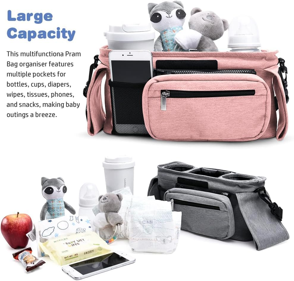 BLAZDEVE Baby Stroller Organizer with Insulated Cup Holder, Large Storage Space Stroller Bag with Detachable Phone Bag and Shoulder Strap for Uppababy, for Baby Jogger, for Britax (Pink)