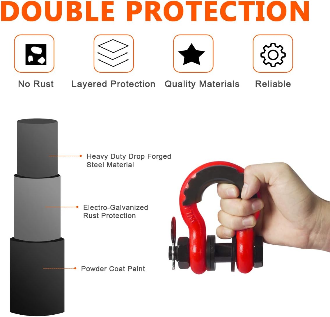AMBULL Shackles 3/4 Inch D Ring Shackle (2 Pack) 41,850Lb Break Strength with 7/8 Inch Pin, Isolator and Washer Kits for Use with Tow Strap, Winch, Off-Road Jeep Truck Vehicle Recovery, Red