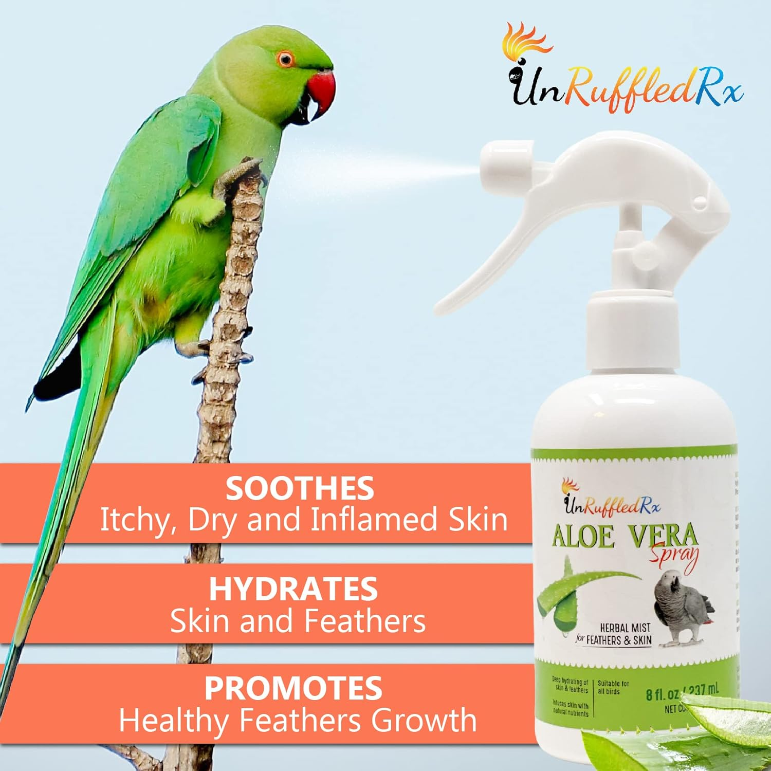 Unruffledrx Aloe Vera Bird Bath Spray for Daily Care & Skin Health 8 Fl Oz - Soothe, Soften, and Protect Your Bird image number 6