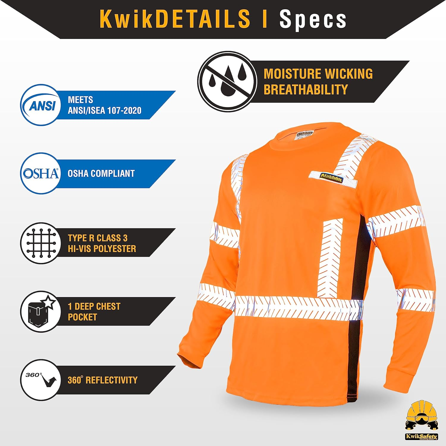 Kwiksafety (Charlotte, NC Renaissance Man | Class 3 Long Sleeve Safety Shirt | ANSI Work Wear | Hi Vis Moisture Wicking Silver Fishbone | Men Women Construction Exercise Security | Orange 3XL image number 2