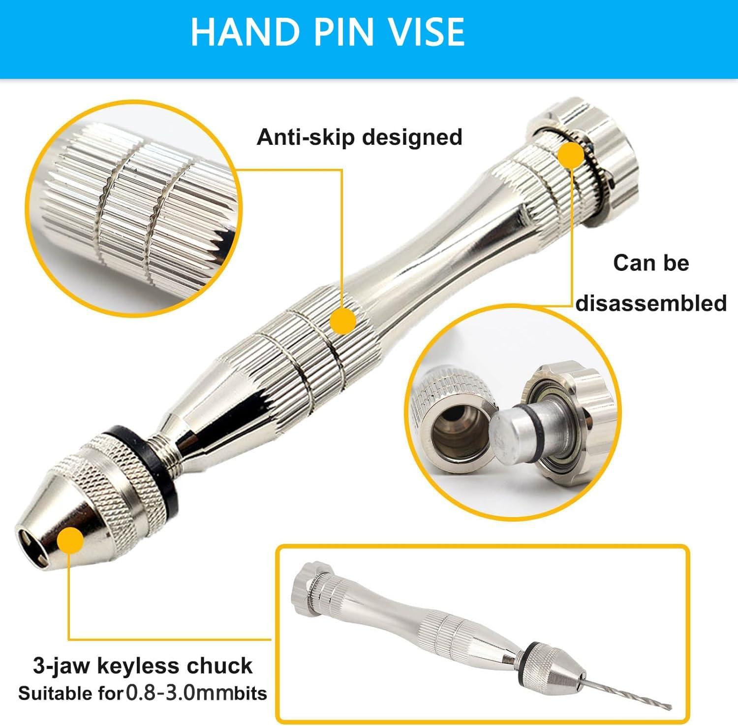KEWAYO Mini Pin Vise Hand Hobby Drill with Model Twist Drill Hand Drill Bits Set for DIY Drilling Jewelry Resin Casting Molds Woodworking Accessories image number 6
