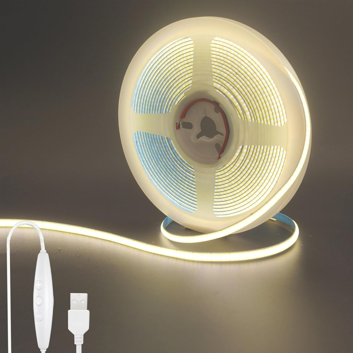 Clearhill 5V USB COB LED Strip Lights with Dimmable Switch,6.56Ft/2M,Warm White 3000K,320Leds/M,5Mm Width,Not Waterproof IP20,1.5M USB Switch Cable,For DIY Home Indoor Decoration